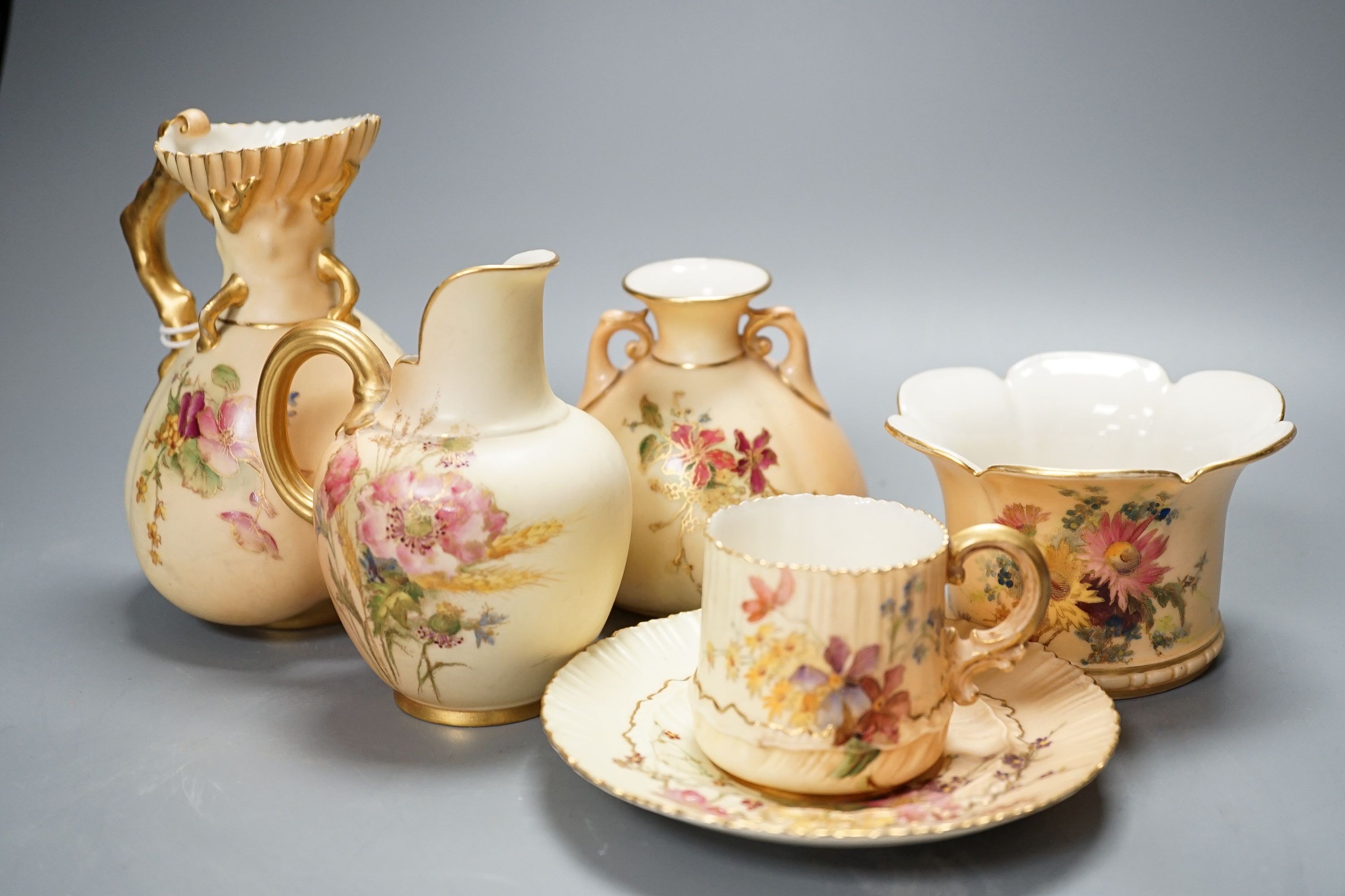 Royal Worcester blush ivory - 2 jugs, tallest 13.3 cm, two vases and a cup and saucer